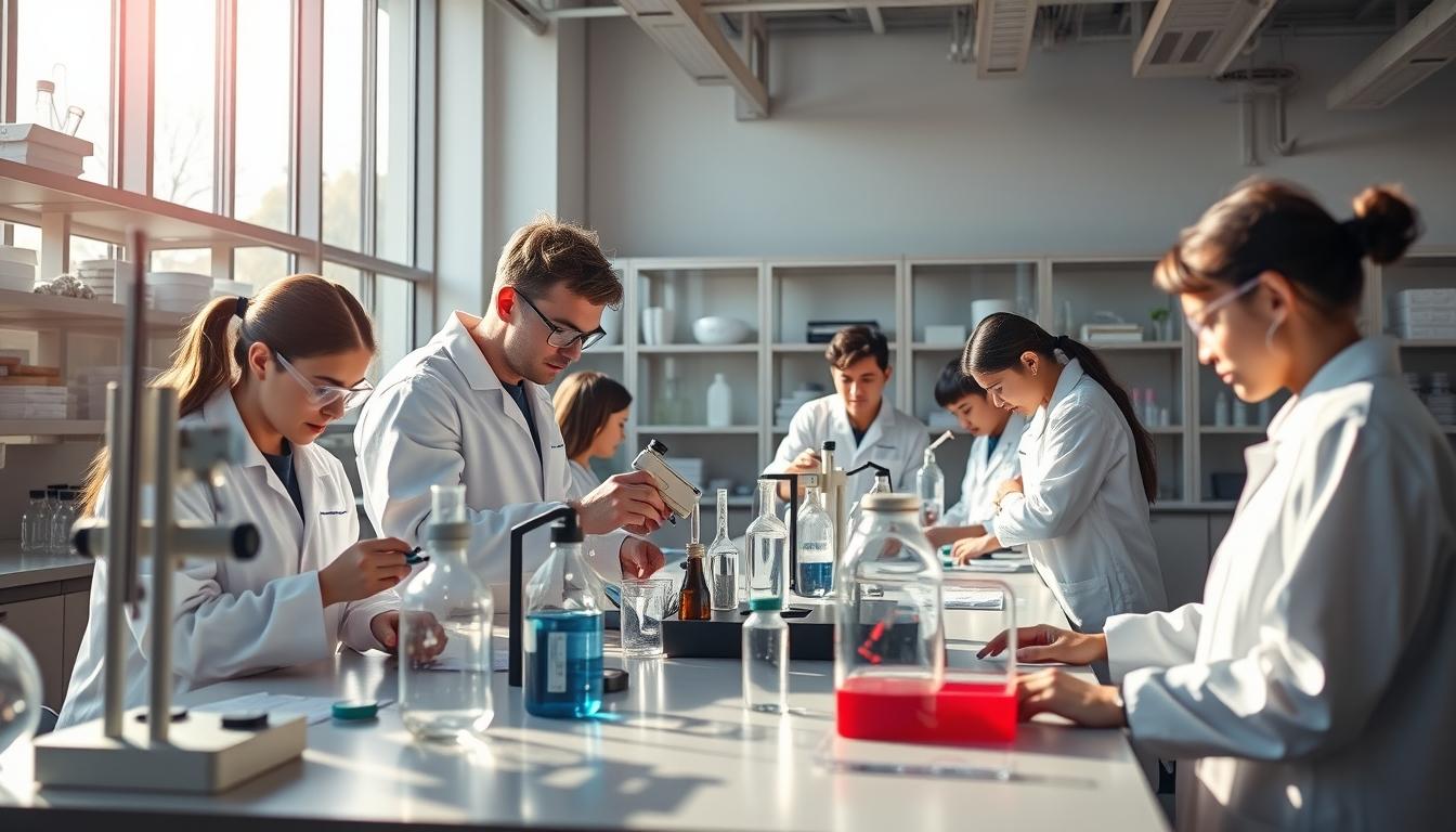 Students studying together in modern classroom